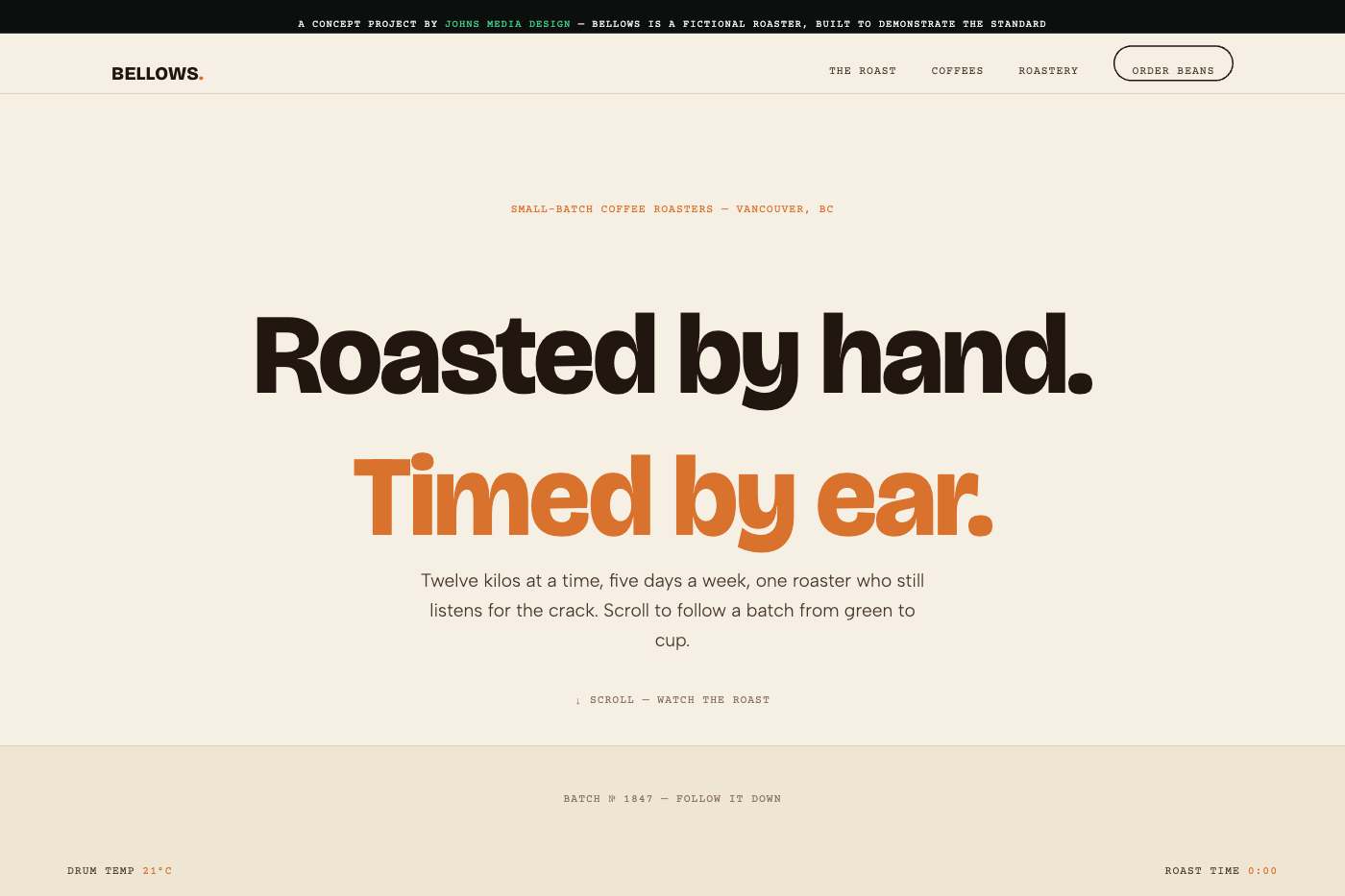 Bellows — coffee roaster concept site, hero view
