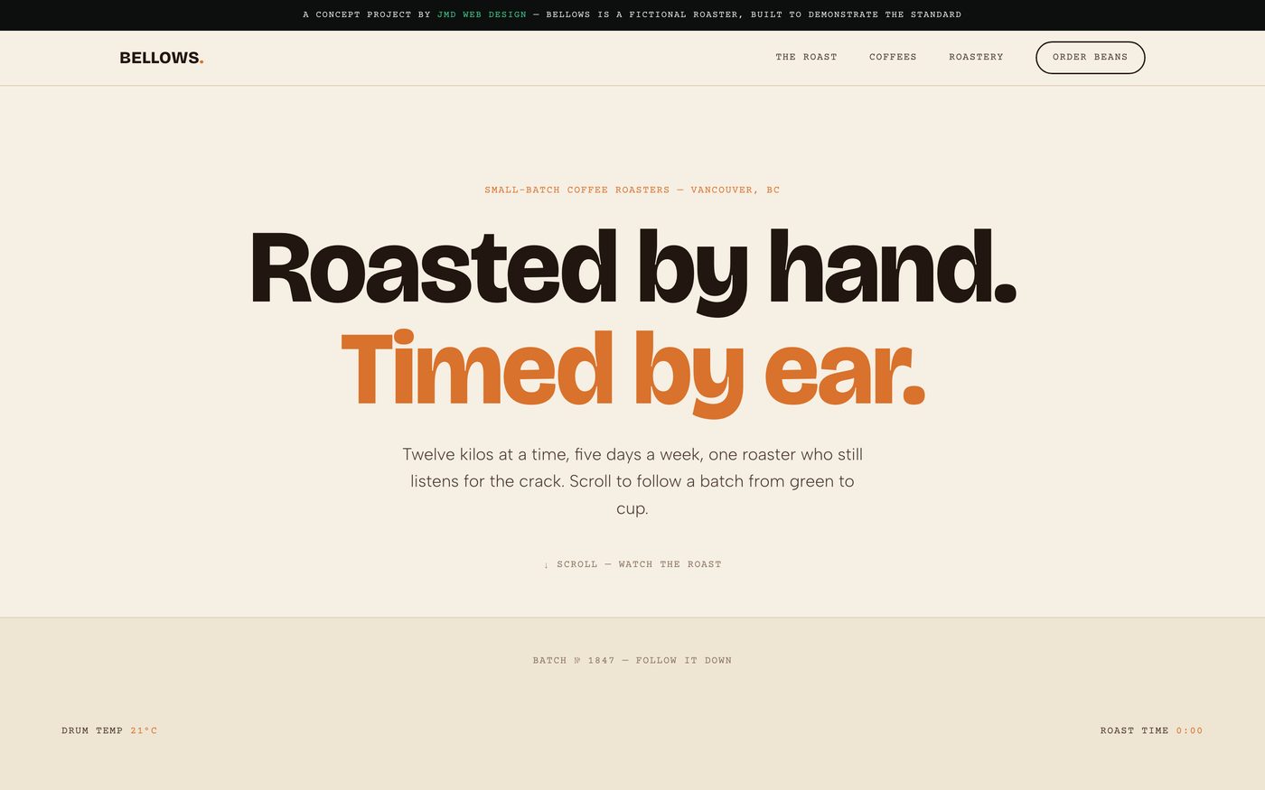 Bellows concept: a warm, product-led coffee-roaster website