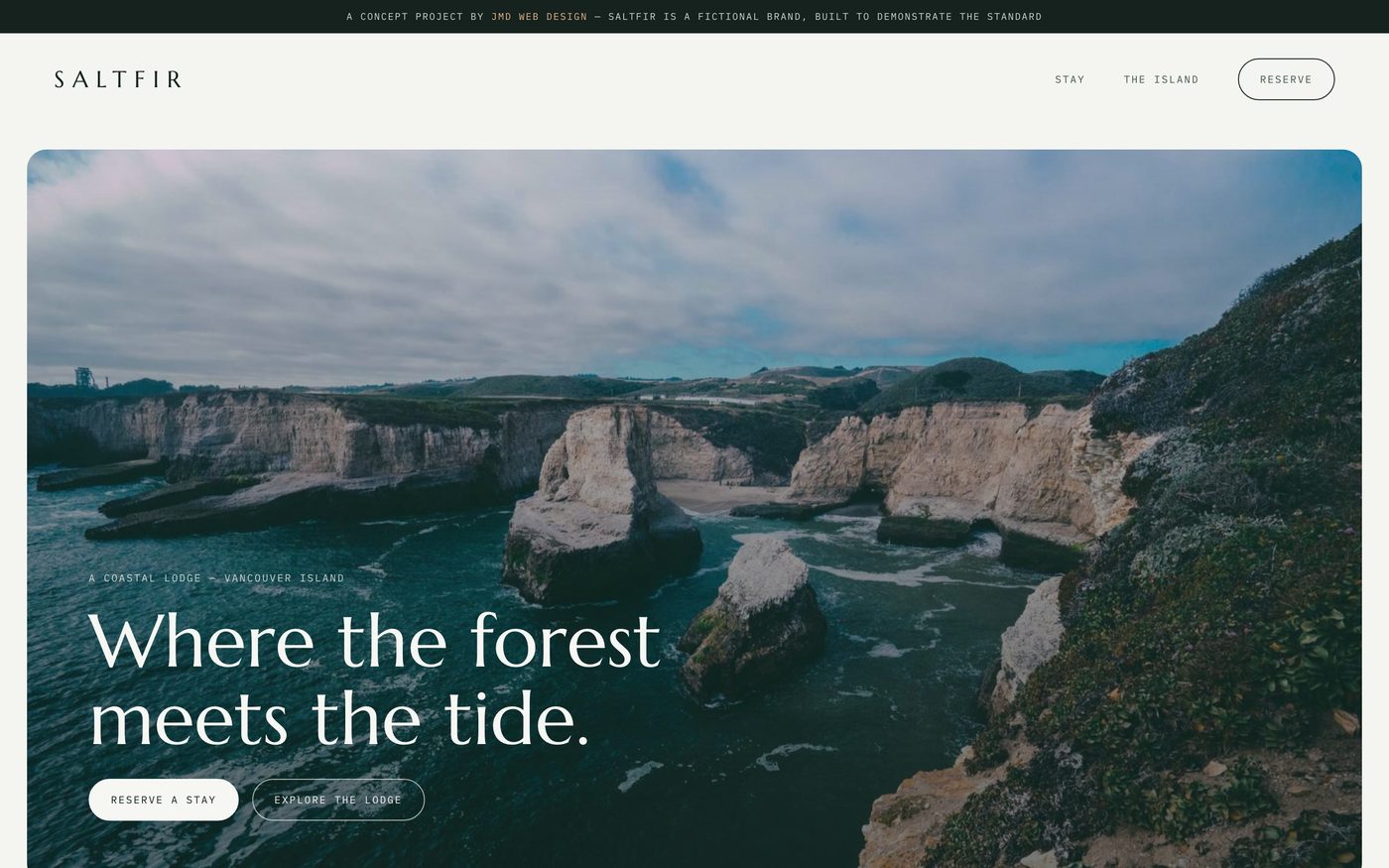Saltfir concept: a coastal lodge website with a cliffs-and-tide hero