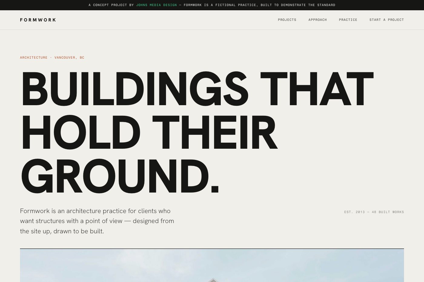 Formwork — architecture practice concept site, hero view