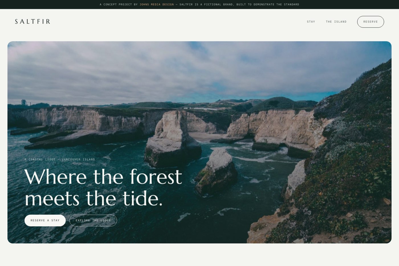 Saltfir — coastal lodge concept site, hero view