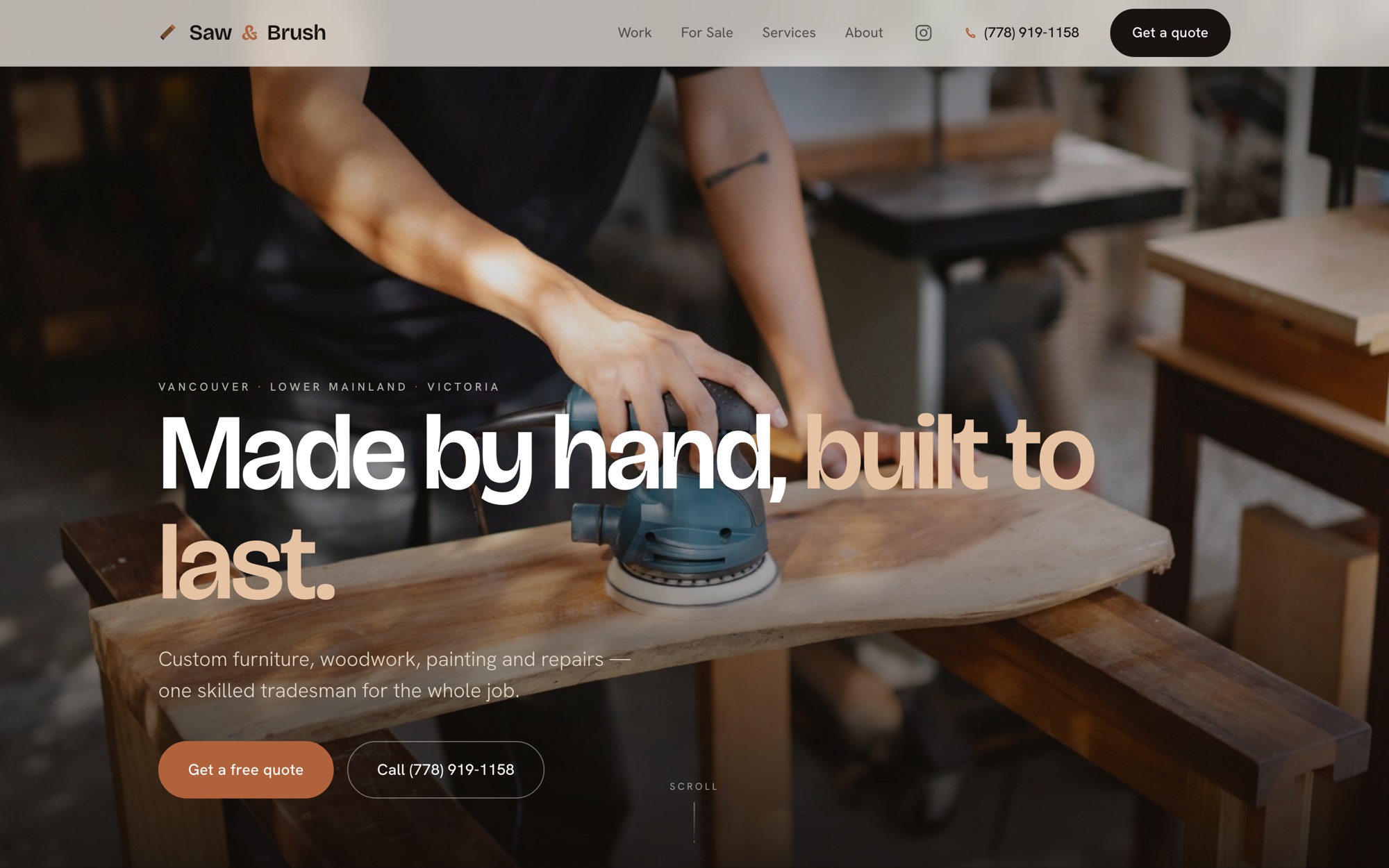 Saw & Brush homepage: a carpenter sanding a live-edge slab behind the headline Made by hand, built to last.