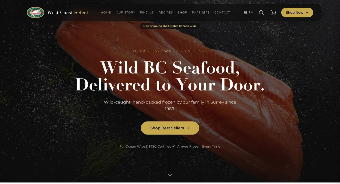 The West Coast Select online store, a live Shopify seafood shop rebuilt by JMD.
